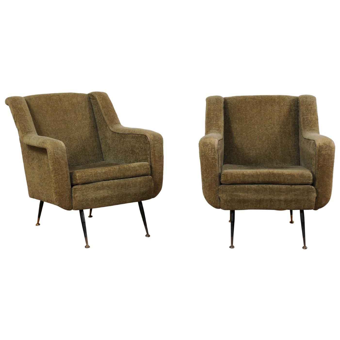Pair of Mid-Century Modern Upholstered Club Chairs from Italy with Iron Legs