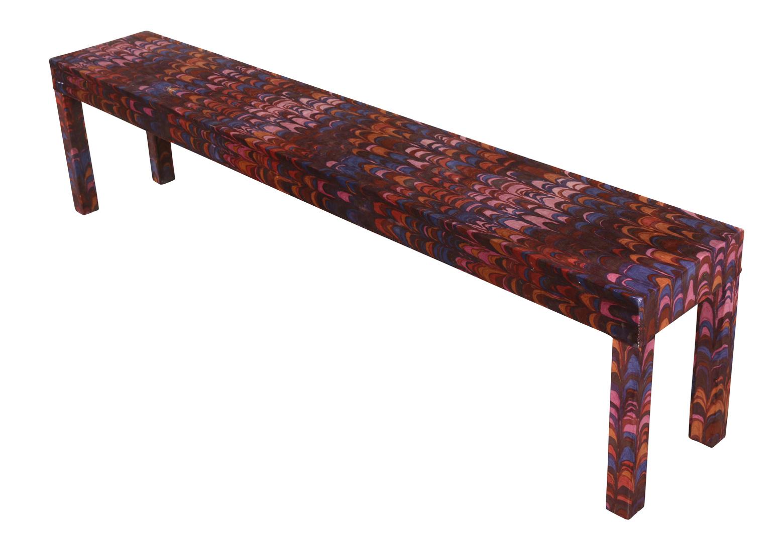 A pair of Mid-Century Modern vintage Parsons style benches in colorful abstract velvet.