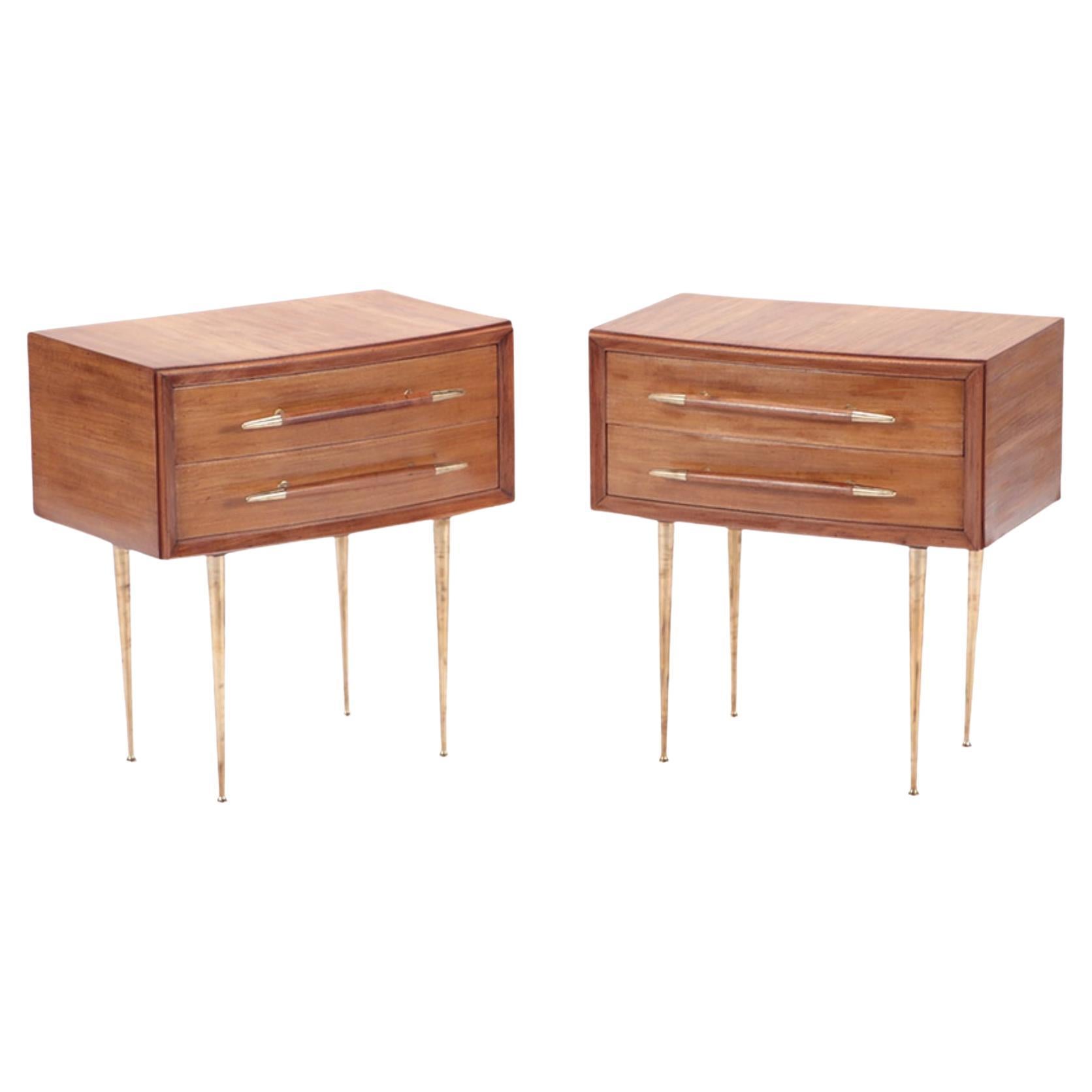 Pair of Mid-Century Modern Walnut and Brass Night Stands, circa 1955 For Sale