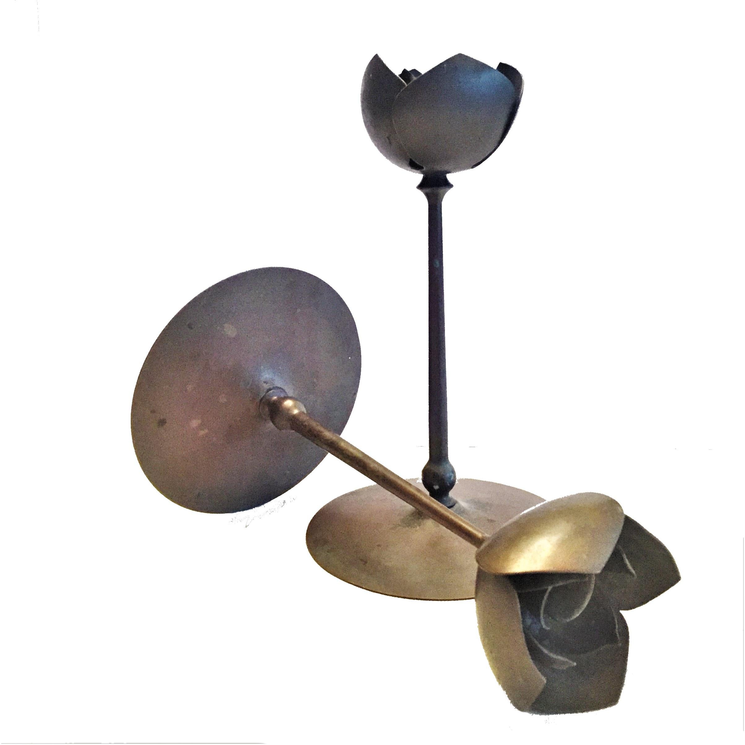 20th Century Pair of Mid-Century Modernist Anodized Brass Lotus Candlesticks, USA, 1950s For Sale
