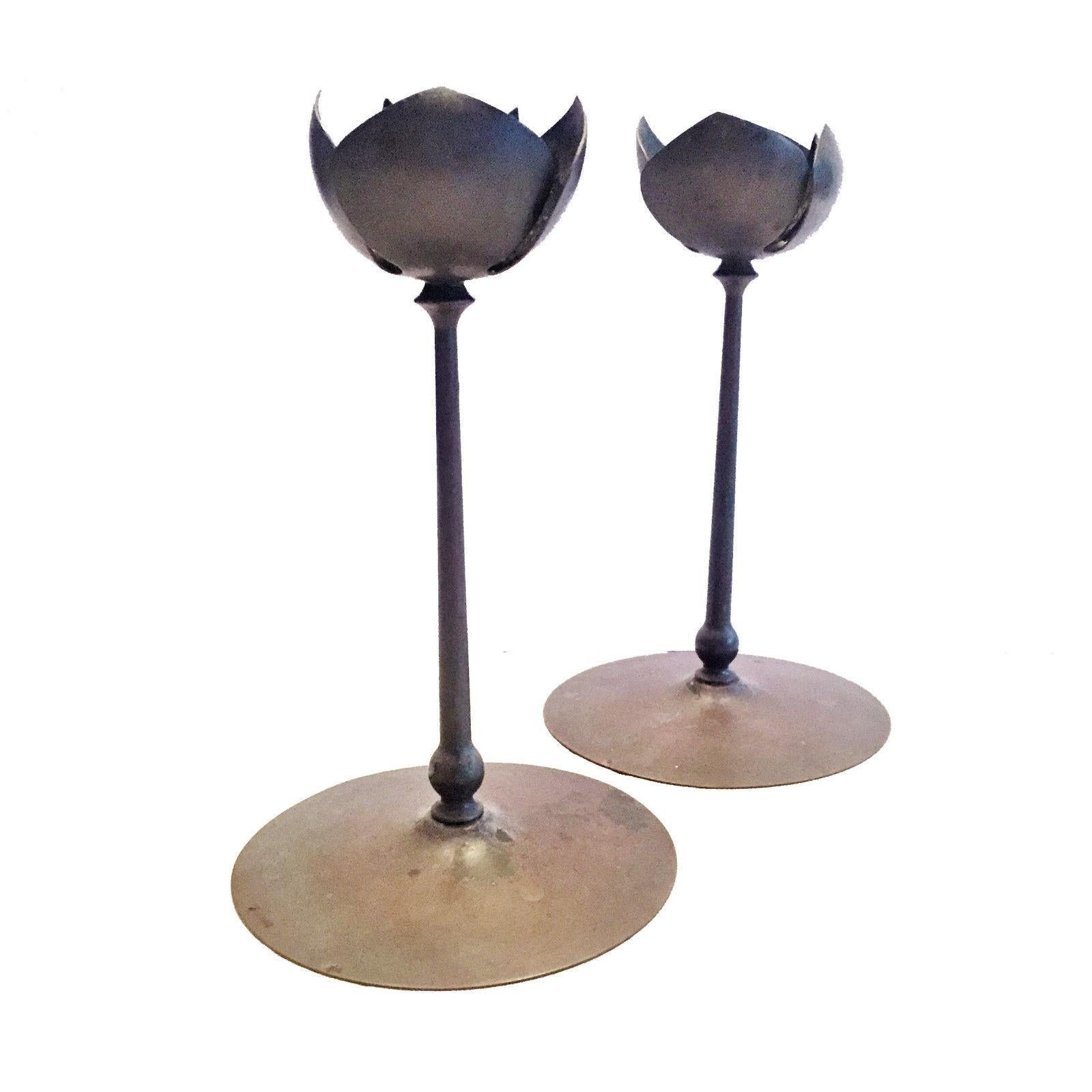 Pair of Mid-Century Modernist Anodized Brass Lotus Candlesticks, USA, 1950s For Sale