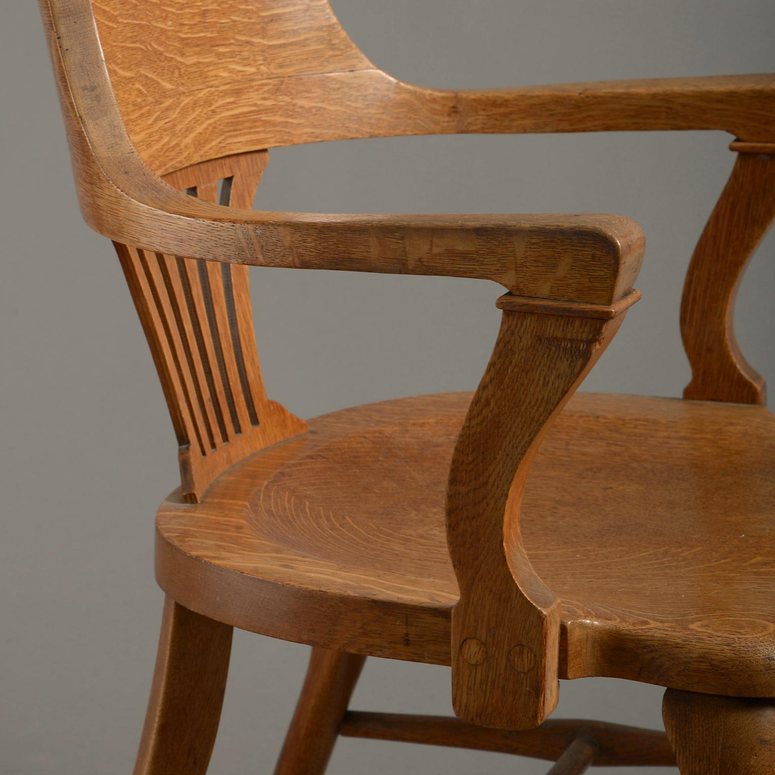 Carved Pair of Midcentury Oak Open Armchairs