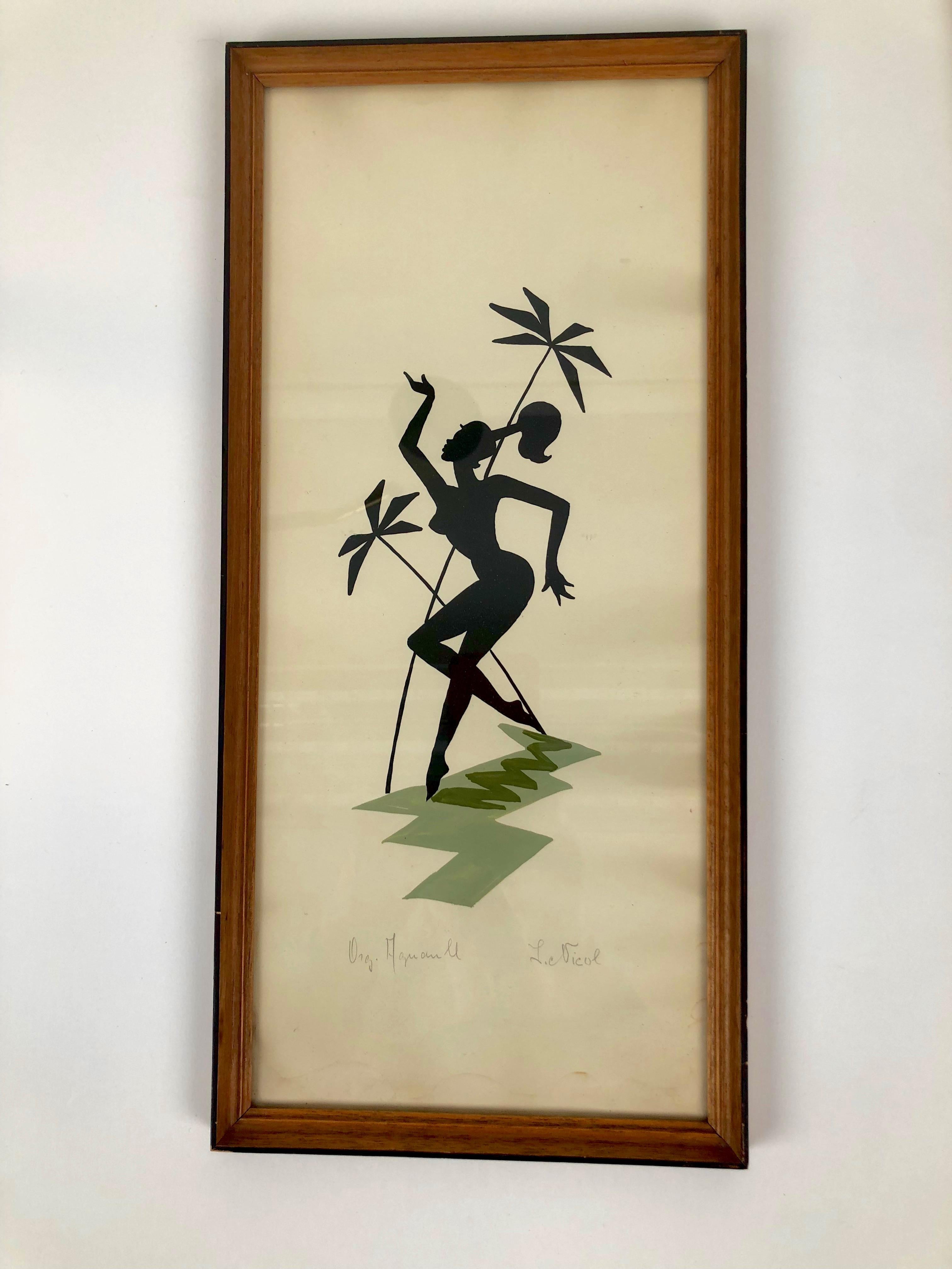 A pair of midcentury paintings depicting women as amazons. The feeling of Jazz, Dance, Miles Davis, Paris, clubs. The erotic in movement.
Gouache on paper. Small water stain from cleaning.

They are signed T Nicole, 1950s, from Austria.