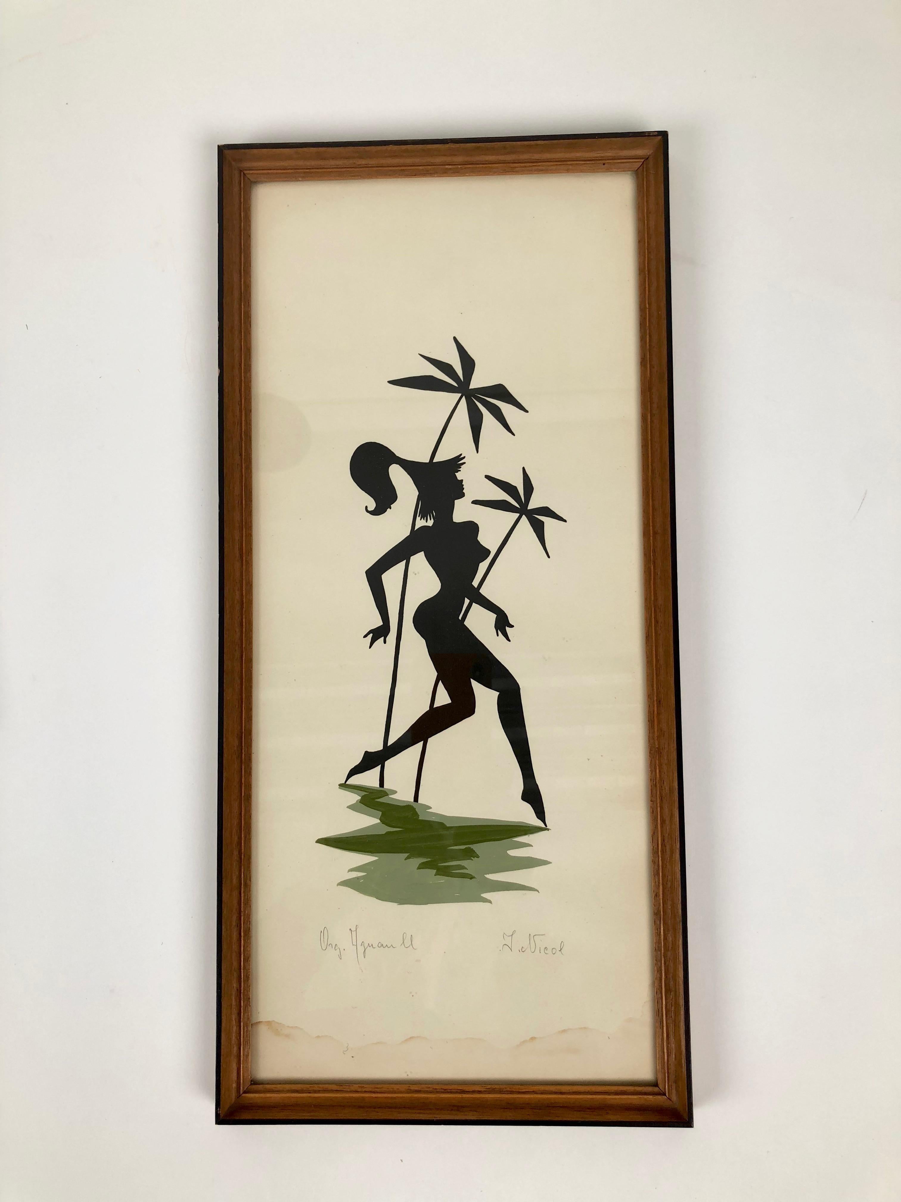 Hand-Painted Pair of Midcentury Paintings on Paper Picturing Women as Amazons, Austria, 1950 For Sale