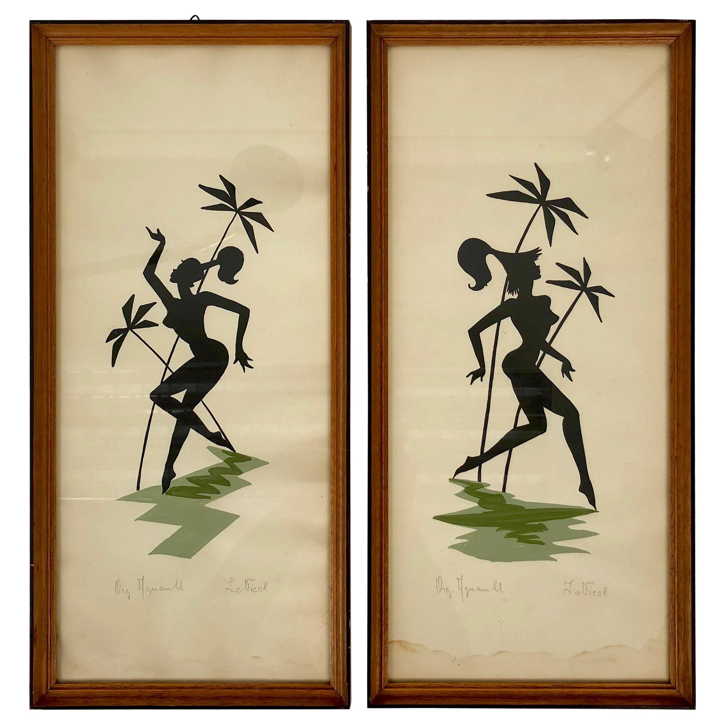 Pair of Midcentury Paintings on Paper Picturing Women as Amazons, Austria, 1950 For Sale