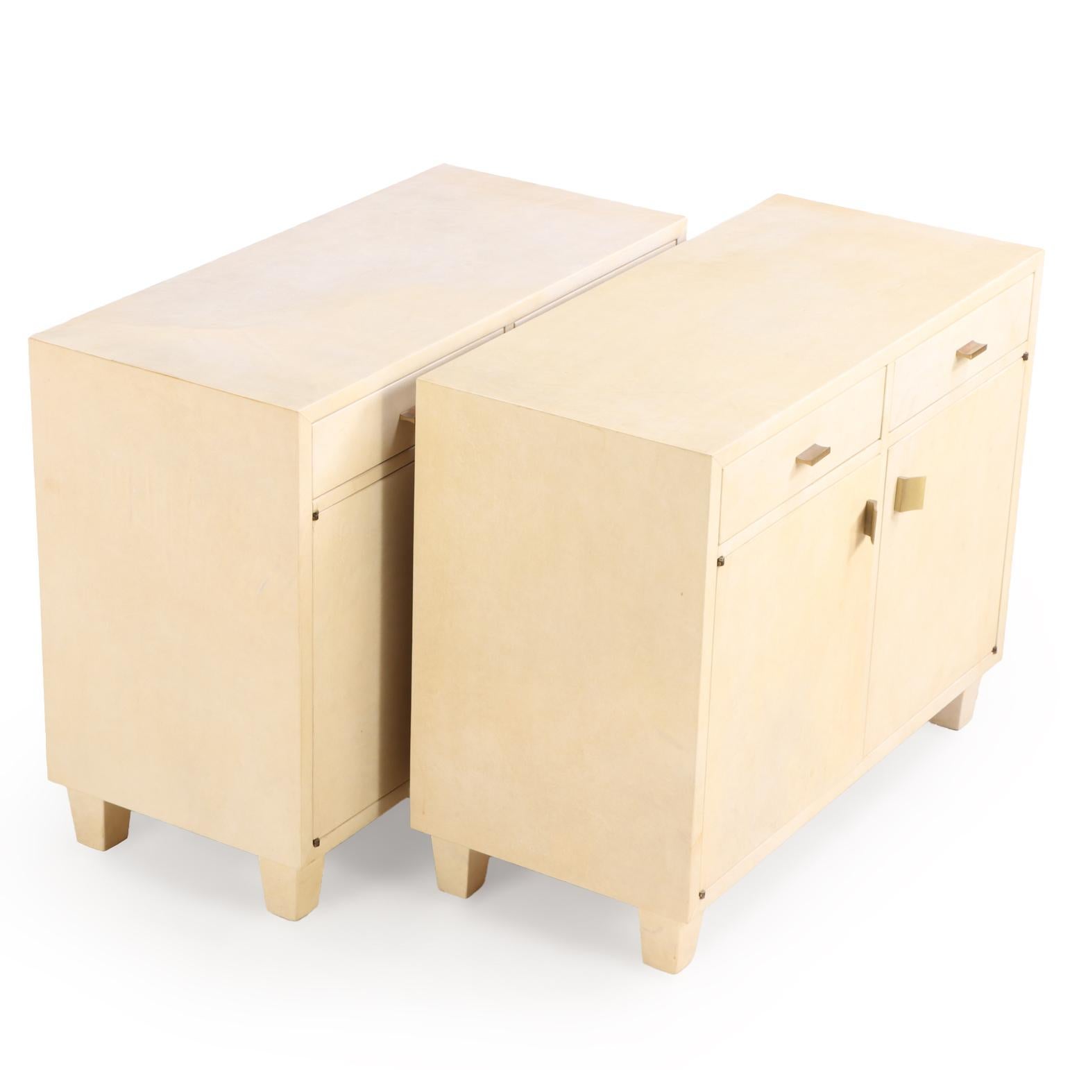 American A Pair of Mid-Century Parchment-Covered Cabinets, C. 1960. For Sale