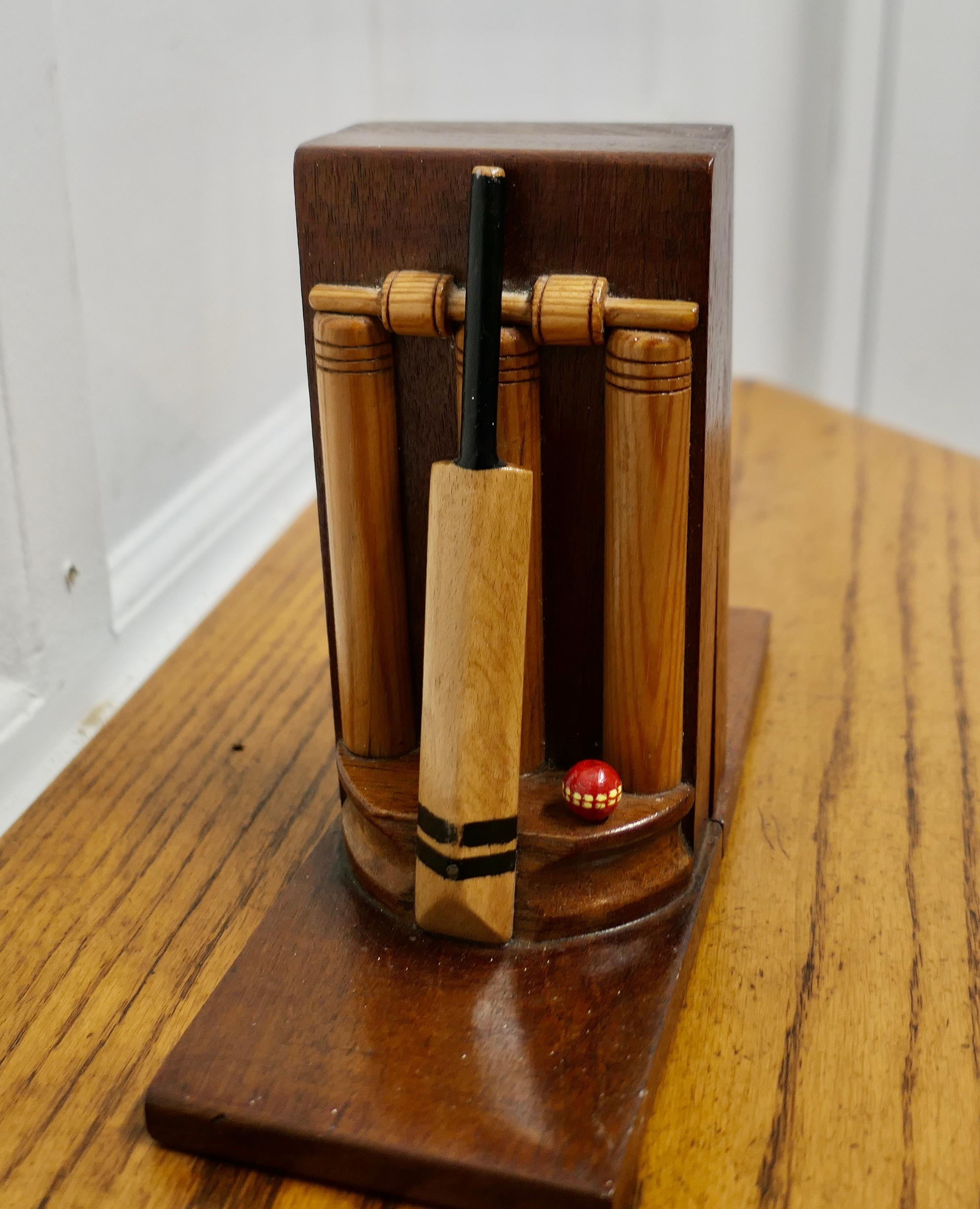 A Pair of Mid Century Quirky Bookends on a Cricket theme 

A very attractive set, the ends are very well detailed each depicting the wicket, bat and ball they are well balanced to hold books securely

The Cricketers bookends are 4” wide, 7.5 ” high