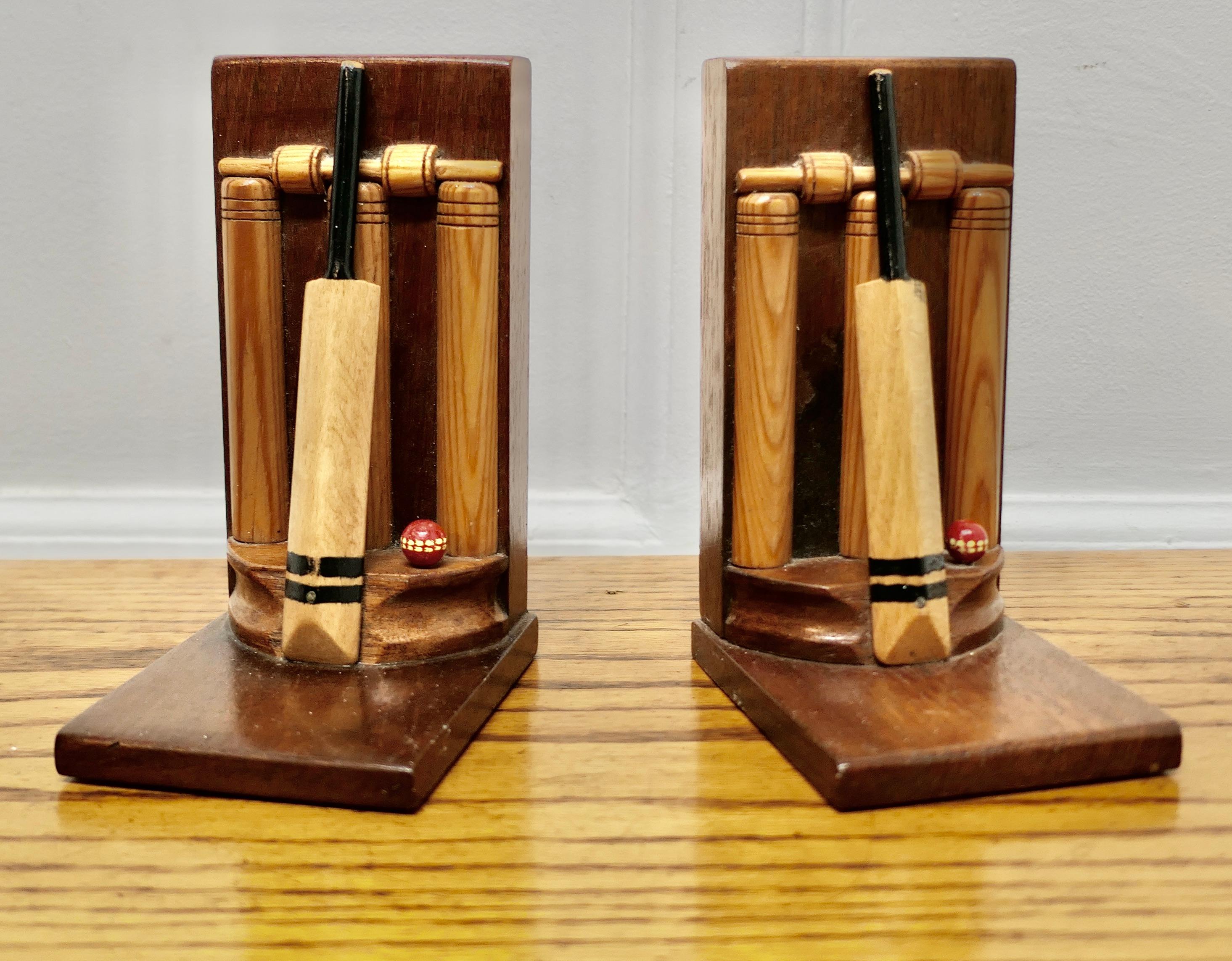 Teak A Pair of Mid Century Quirky Bookends on a Cricket theme     For Sale