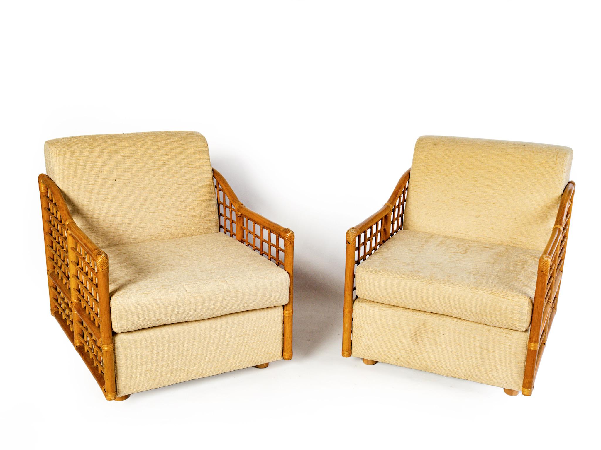 Mid-Century Modern Pair of Mid Century Rattan Arm Chairs/ Fauteuils