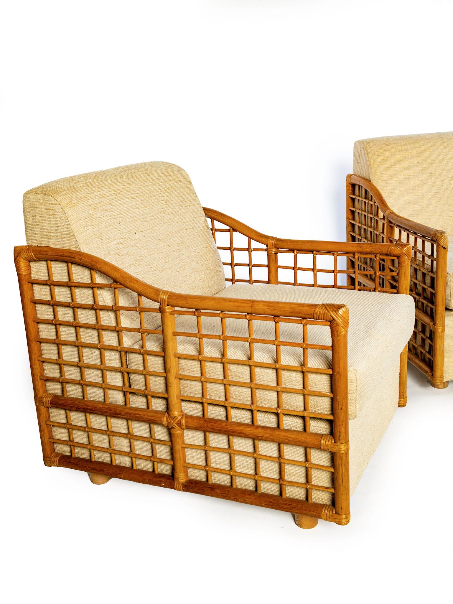 French Pair of Mid Century Rattan Arm Chairs/ Fauteuils