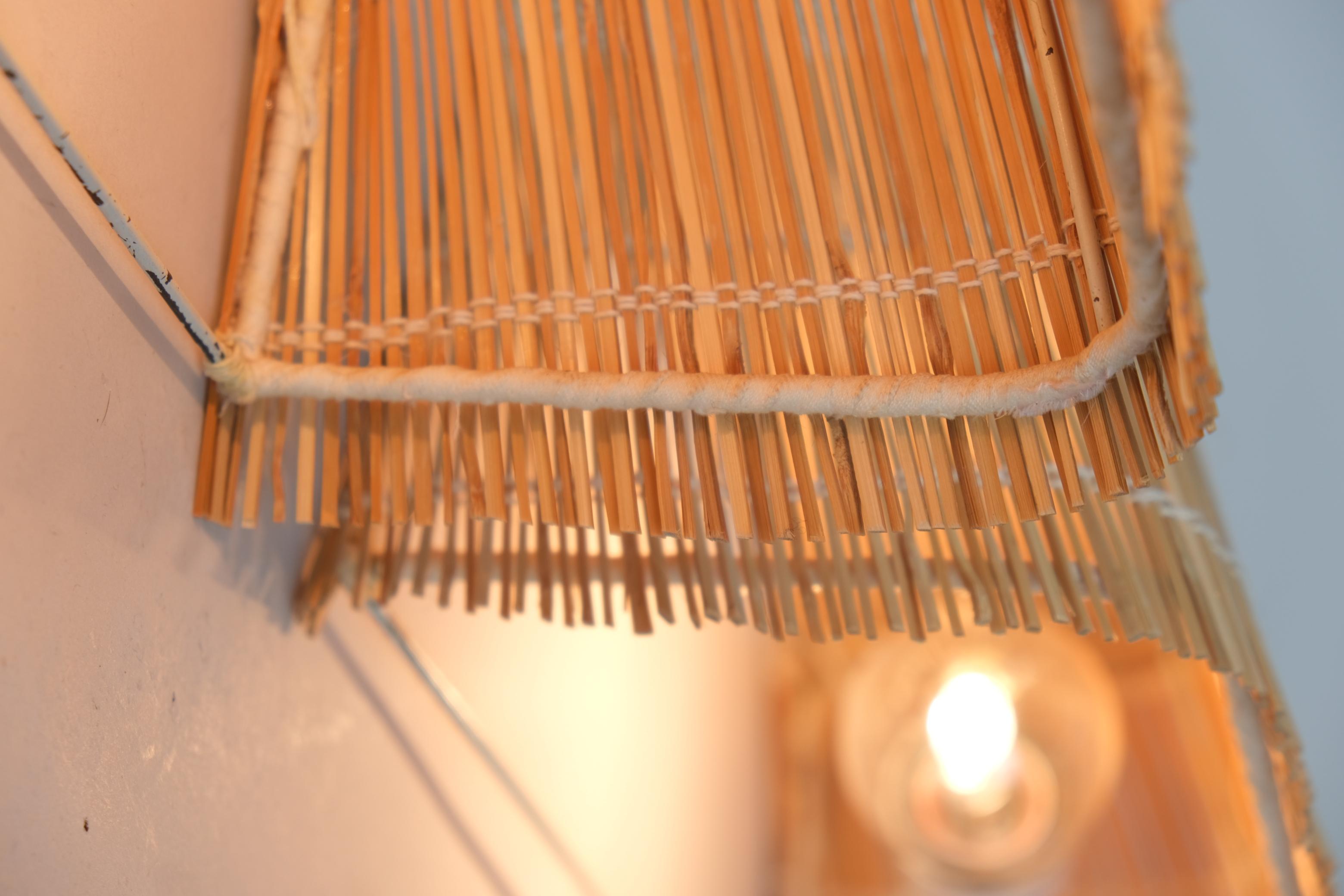 Mid-20th Century A Pair of Mid-Century Reed, Metal and Natural Fabric Wall Lamps, Finland 1950s For Sale
