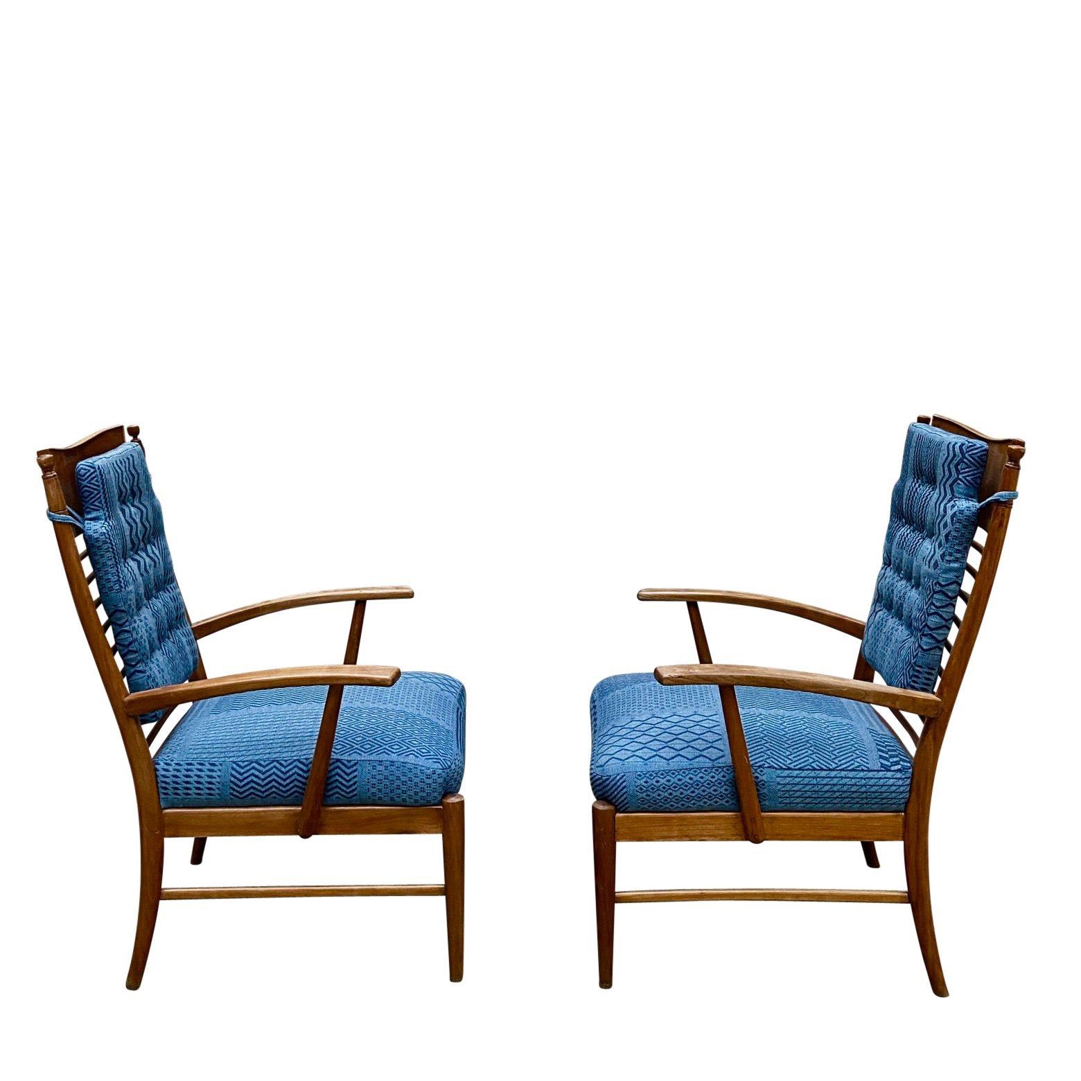 Cotton Pair of Mid-century Italian Wooden Armchairs in the Manner of Paolo Buffa