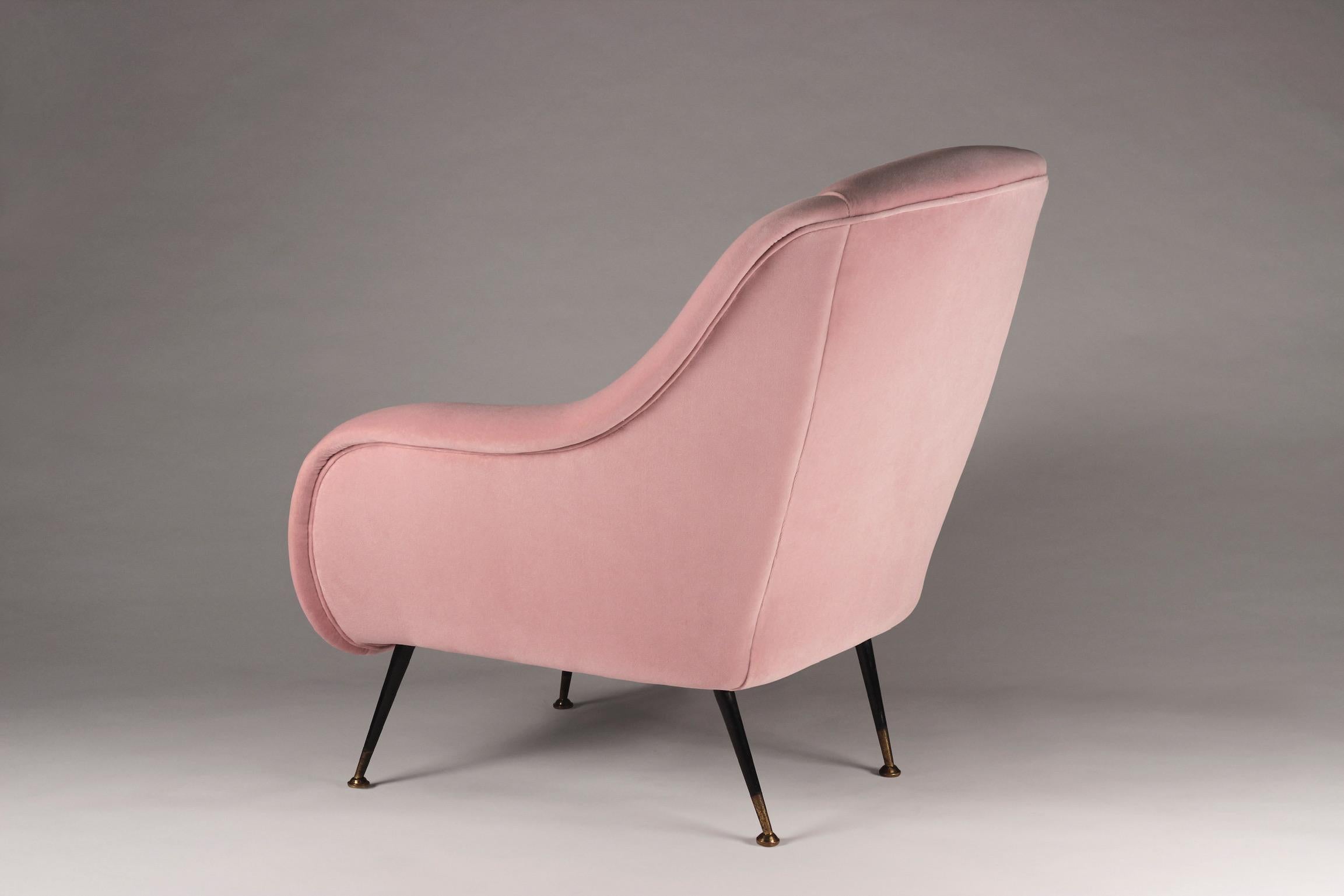 British Pair of Mid-Century Style Italian Lounge Chair in Velvet Rose Pink For Sale