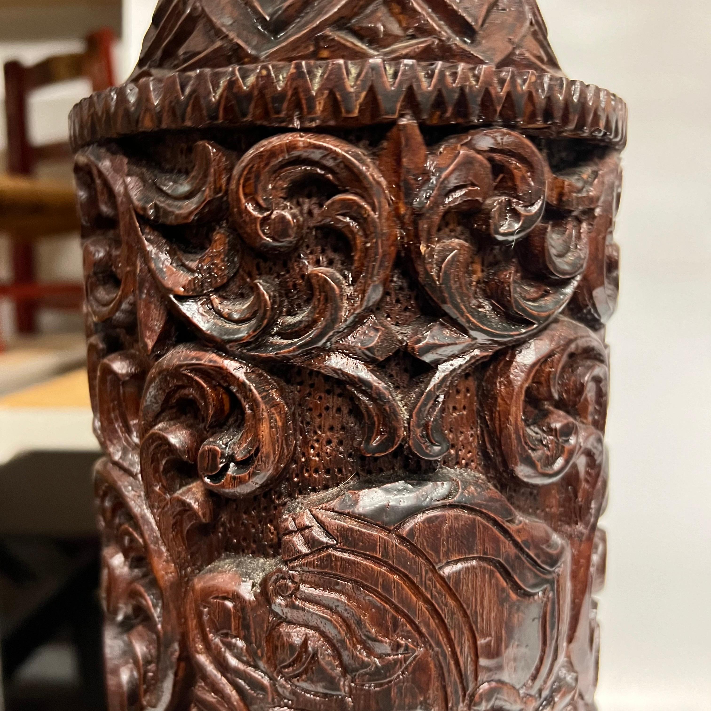 A pair of Mid-Century Tall Carved Wood Relief Lamps With Leather and Fur Shades For Sale 4