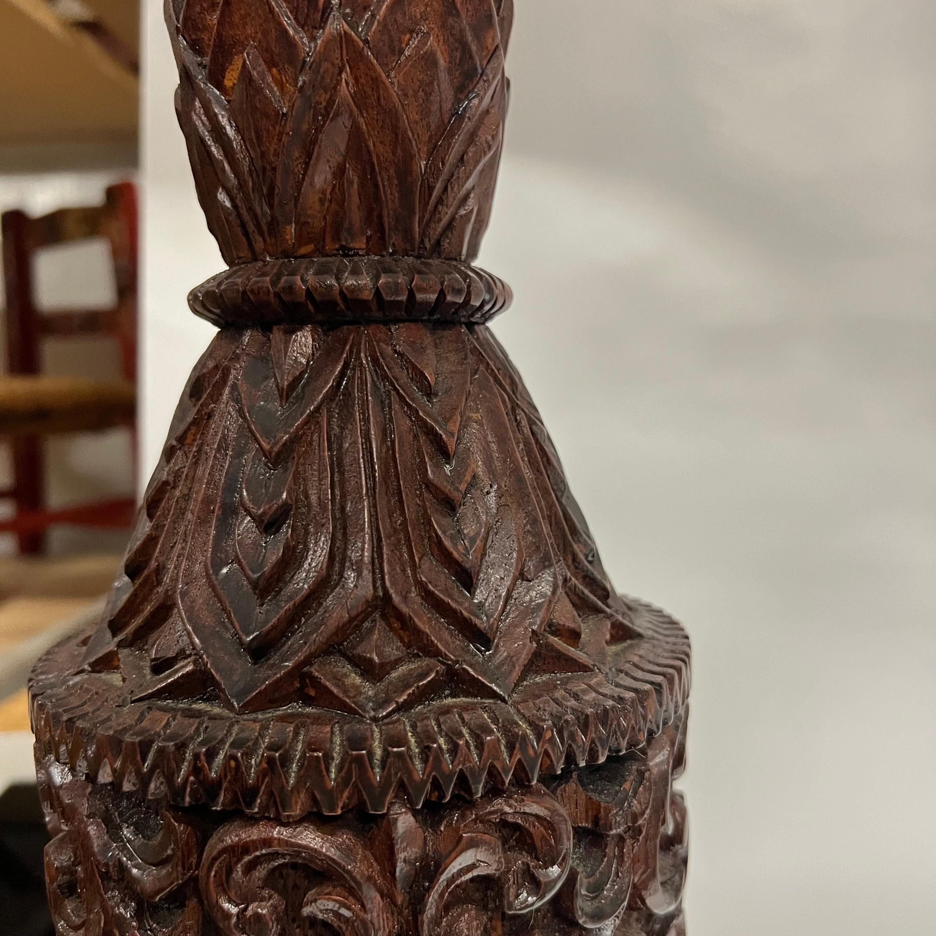 A pair of Mid-Century Tall Carved Wood Relief Lamps With Leather and Fur Shades For Sale 5