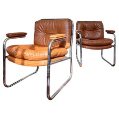 Pair of Mid-Century Vintage Tubular Faux Leather Arm Chairs from the 70s