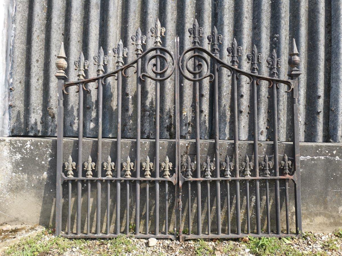 A good quality pair of mid to late Victorian decorative cast iron gates with ball and hat finials to the gate post sides and Fluer De Lys finials to the sweeping arched upper rail and scroll work below, with further Fluer De Lys finials to the