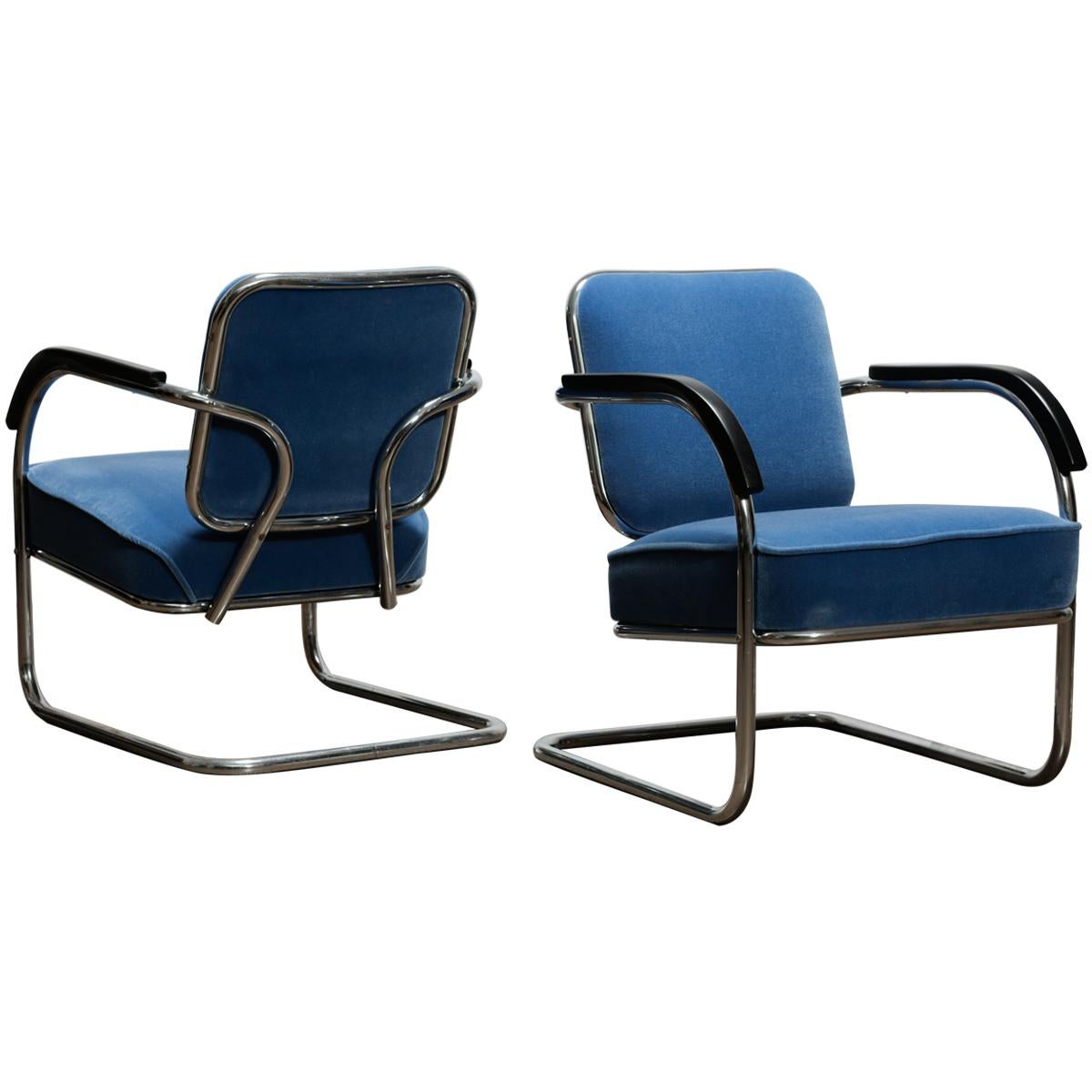 A Pair of Midcentury Cantilever Tubular Steel Armchairs with Mohair Upholstery