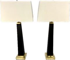 A Pair Of Midcentury Fluted Wood And Brass Column Lamps