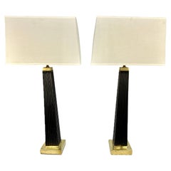 A Pair Of Midcentury Fluted Wood And Brass Column Lamps