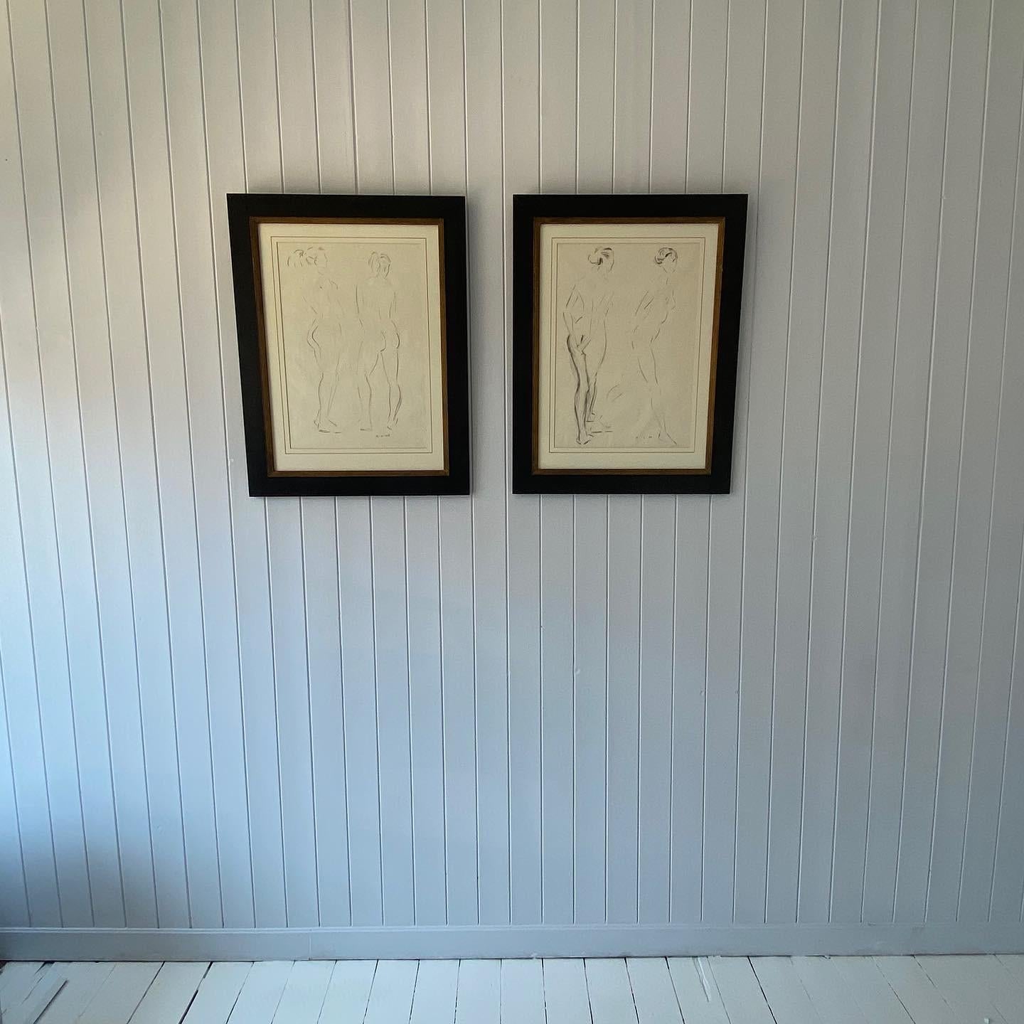 Pair of Midcentury Framed Nude Study Drawings For Sale 3