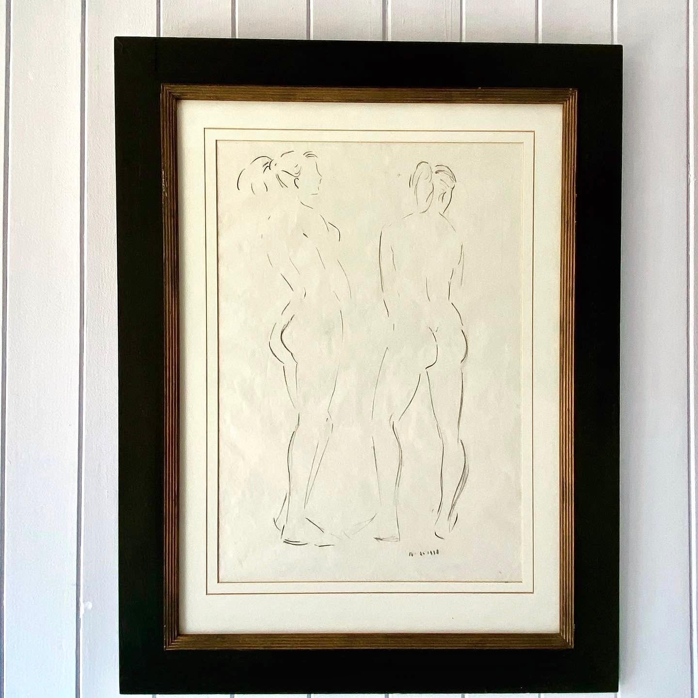 A delightful pair of nicely executed midcentury nude studies. Nicely mounted and framed in a black and gilt reeded frame. They have had museum glass fitted to cut down the reflection. Dated 1958. Highly decorative and would suit a modern or period
