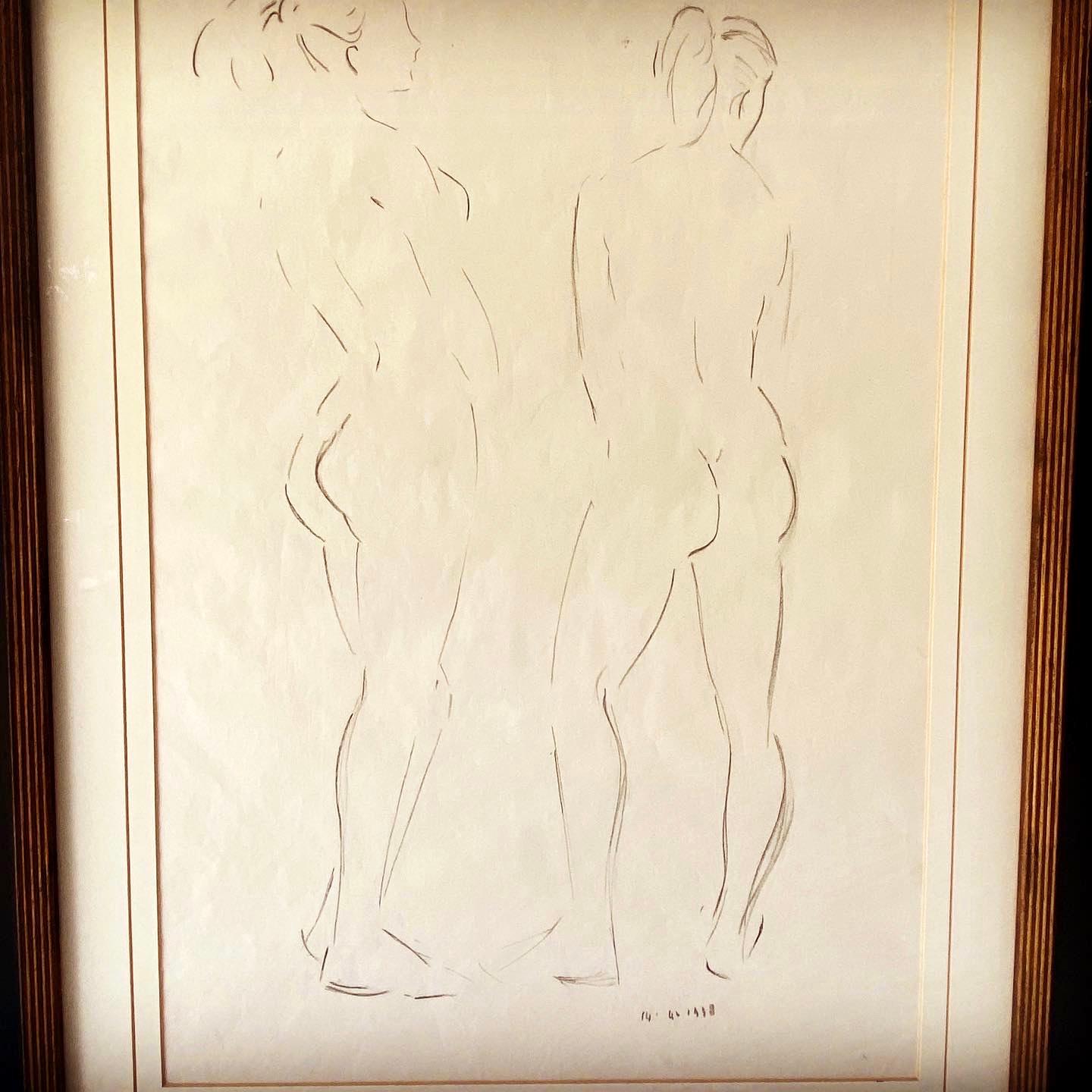 English Pair of Midcentury Framed Nude Study Drawings For Sale