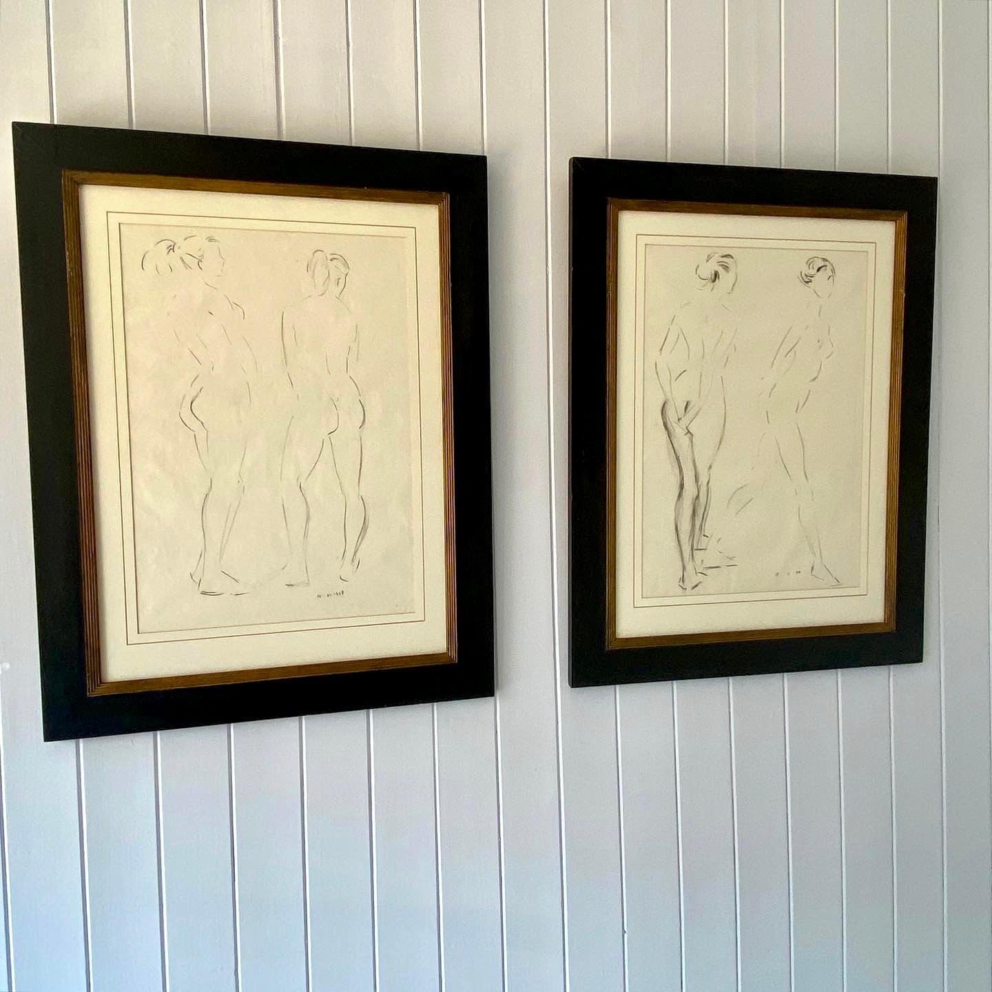 Glass Pair of Midcentury Framed Nude Study Drawings For Sale