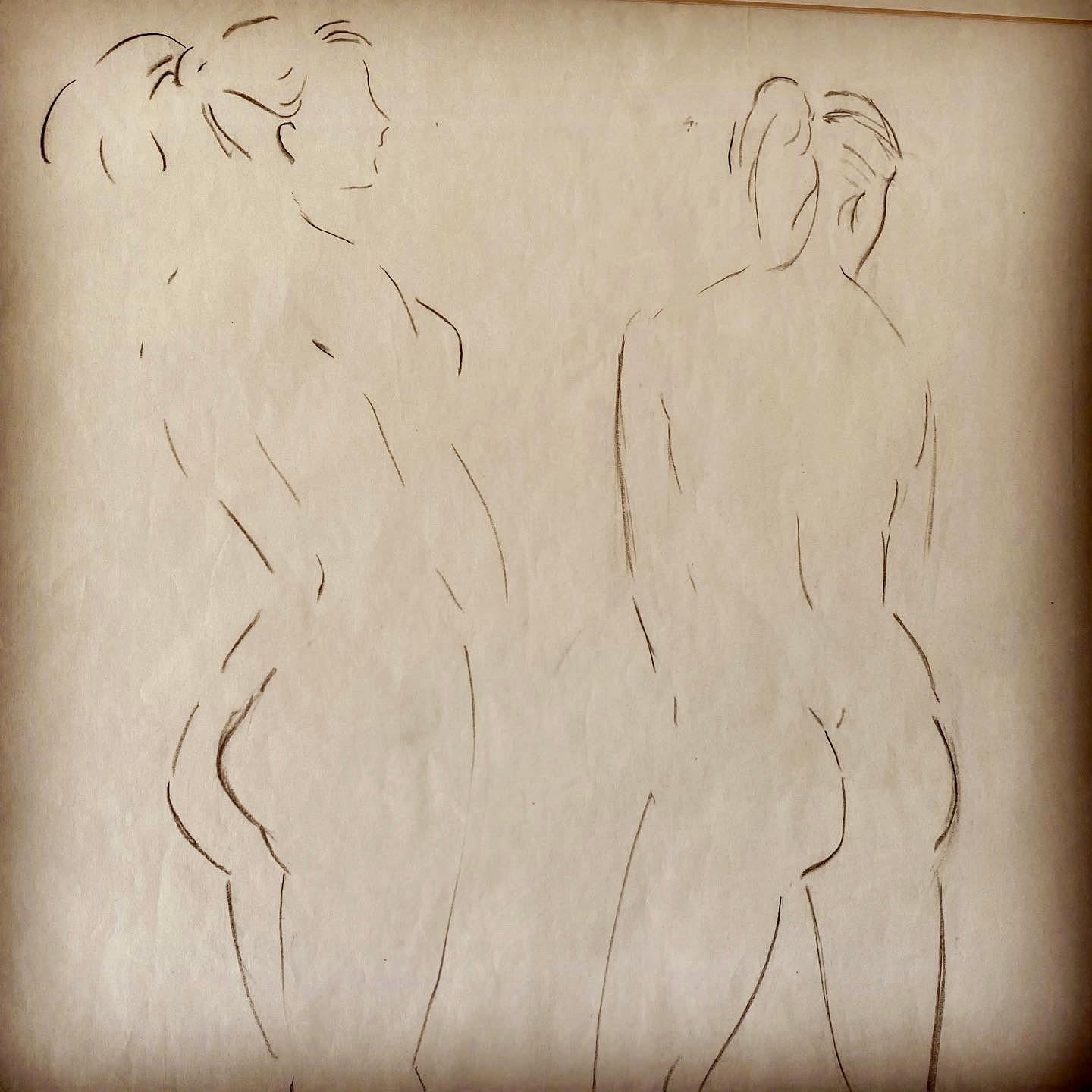 Pair of Midcentury Framed Nude Study Drawings For Sale 1