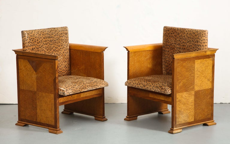 Mid-Century Modern Pair of Midcentury Italian Walnut Armchairs with Leopard Cushions, 1930s  For Sale