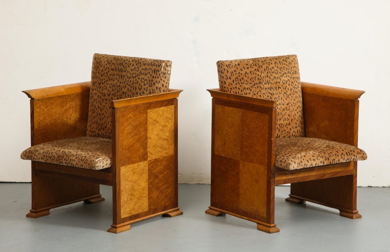Fabric Pair of Midcentury Italian Walnut Armchairs with Leopard Cushions, 1930s  For Sale