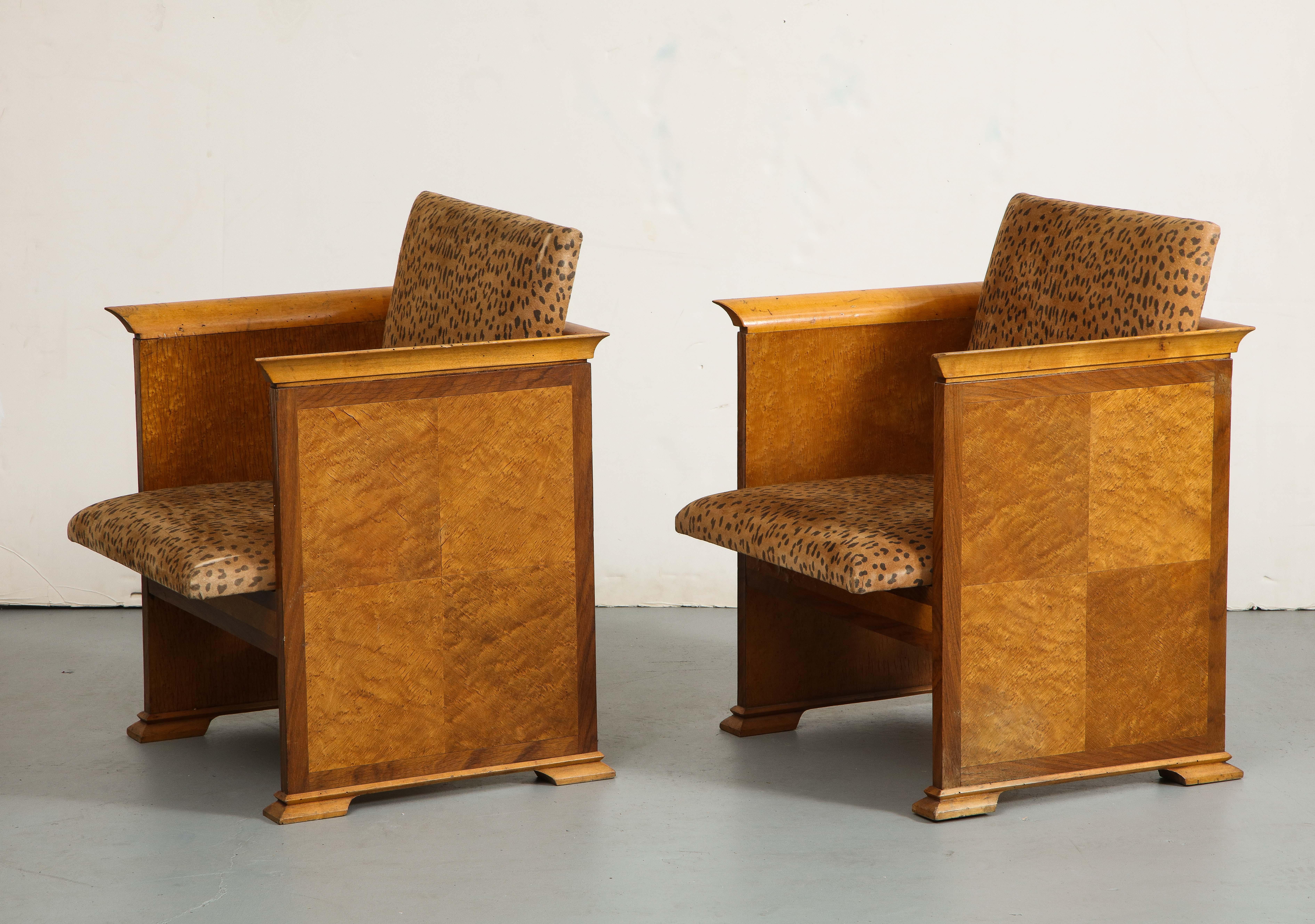 Pair of Midcentury Italian Walnut Armchairs with Leopard Cushions, 1930s  1