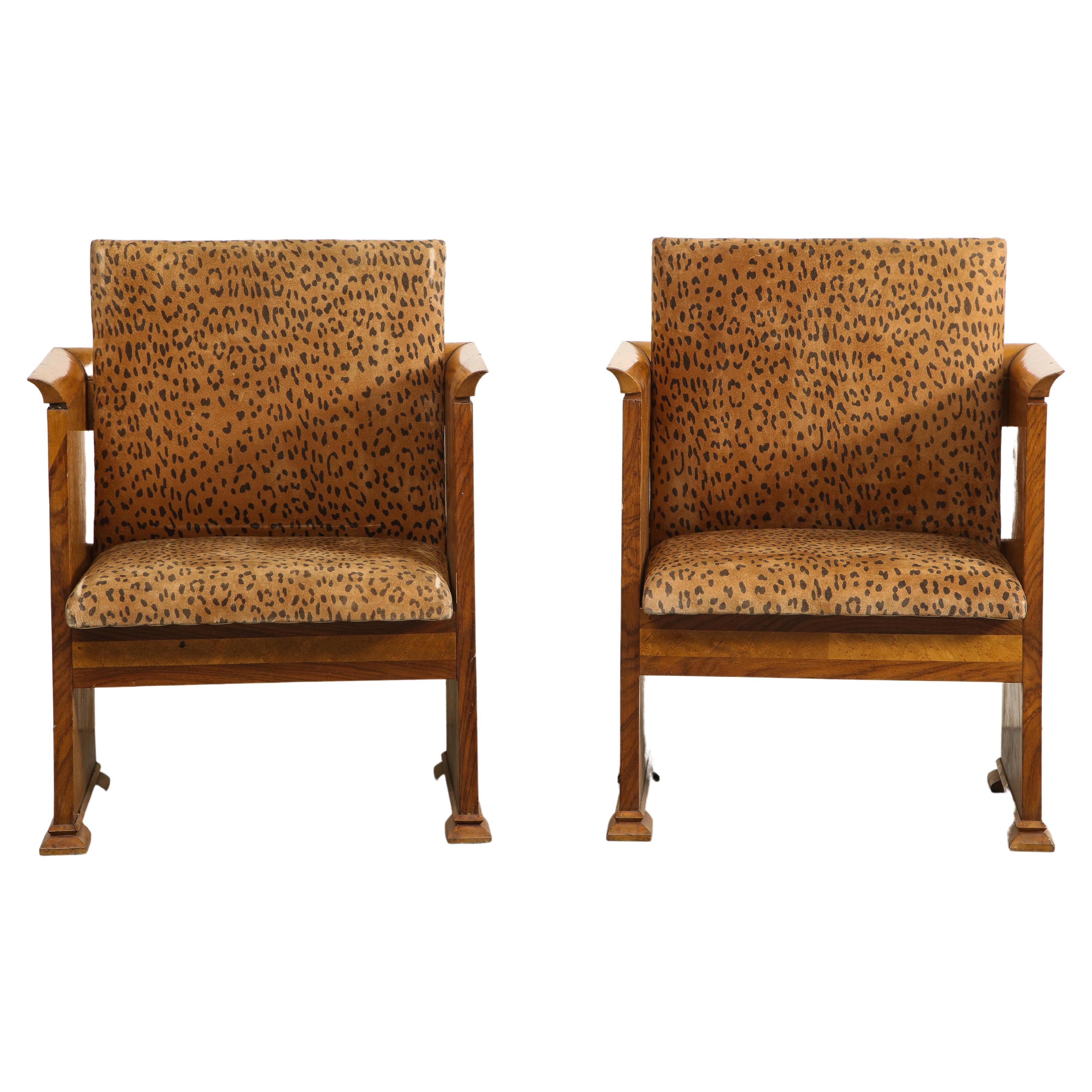 Pair of Midcentury Italian Walnut Armchairs with Leopard Cushions, 1930s
