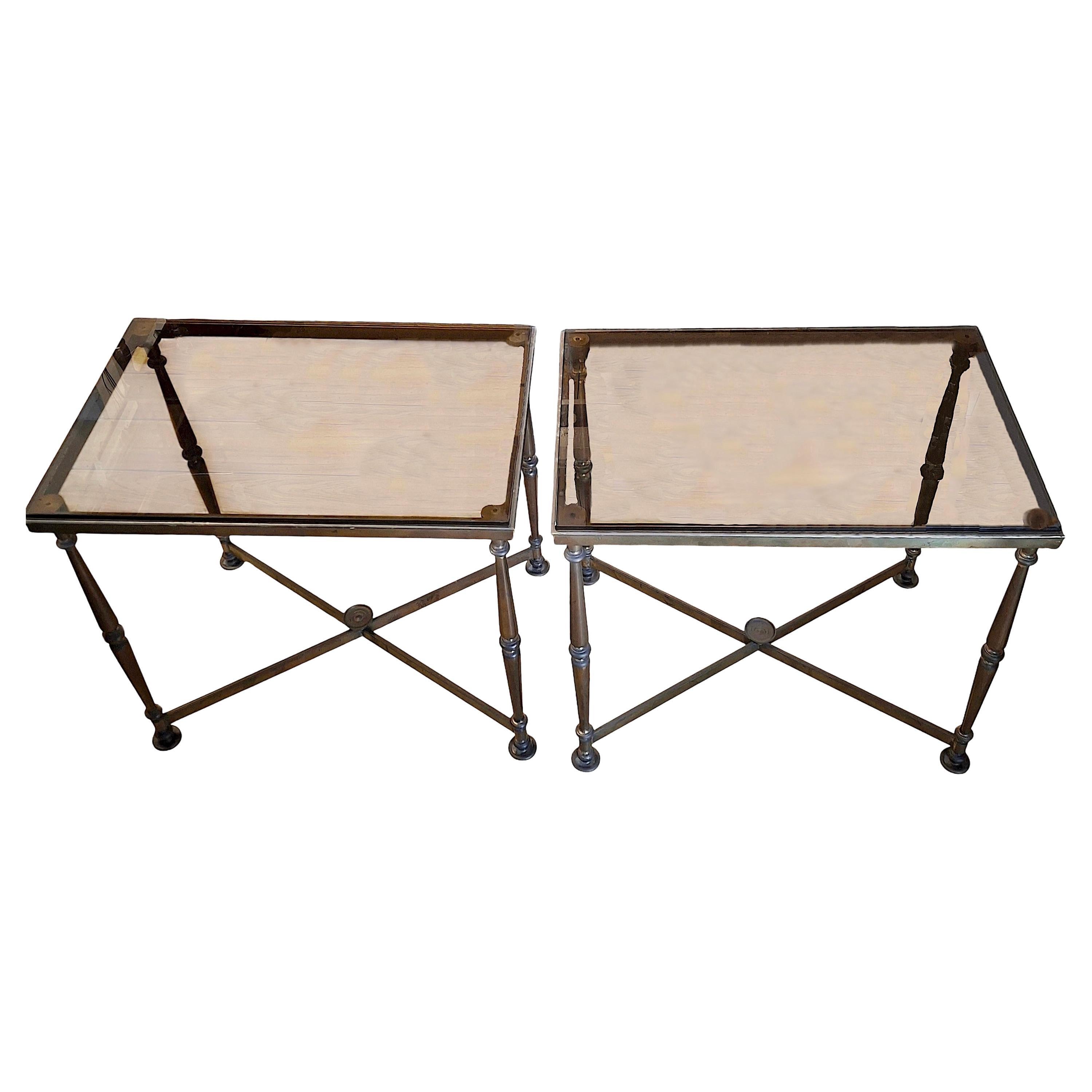 A Pair of Midcentury Maison Jansen-style Brass and Glass Side Tables For Sale