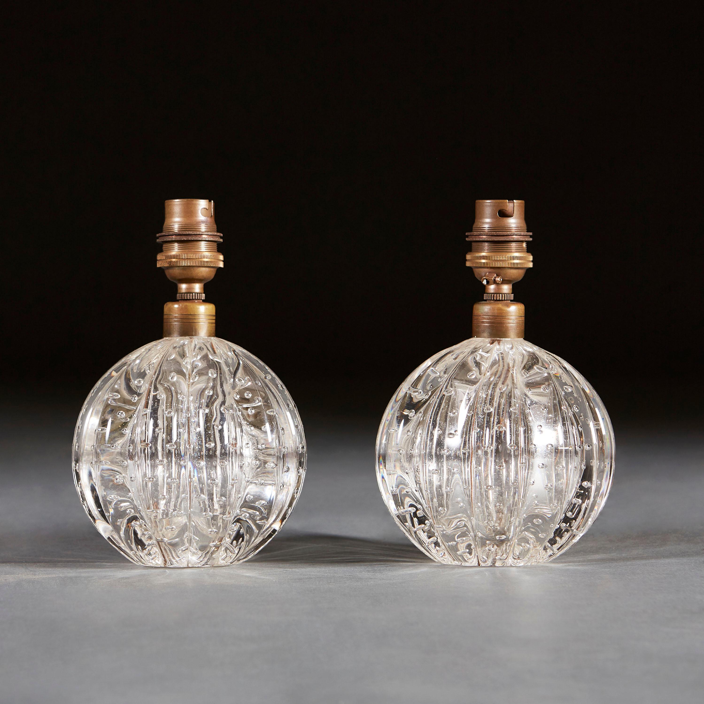 Italian Pair of Midcentury Murano Glass Bullicante Ball Table Lamps