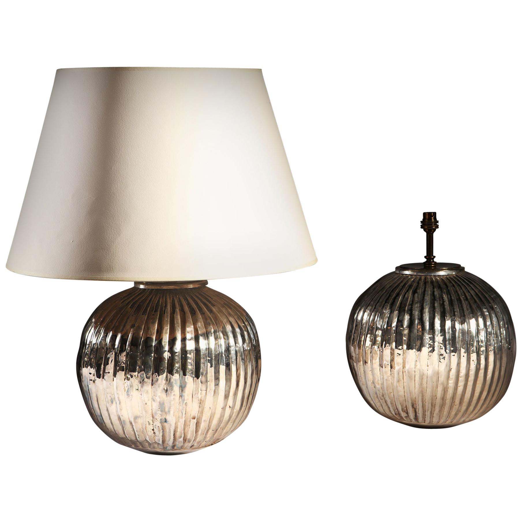 Pair of Midcentury Silver Gadrooned Table Lamps of Spherical Form