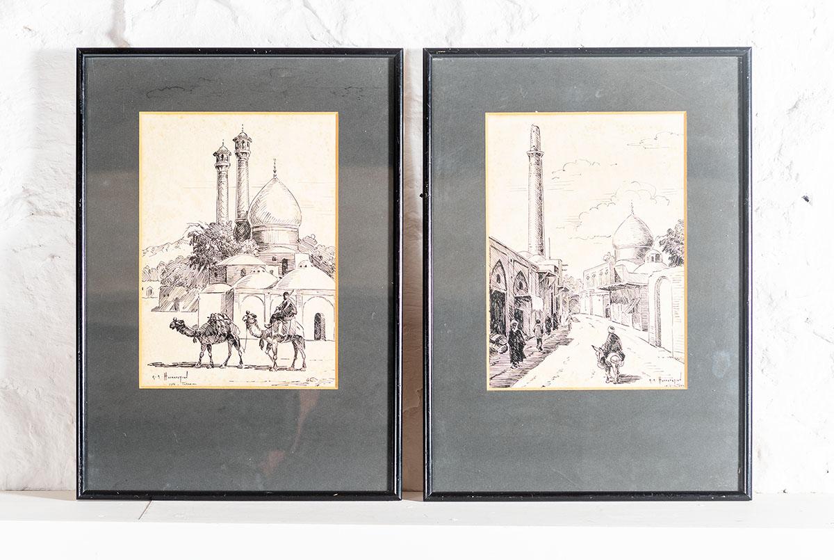 An original pair of 1954 Pen and Ink by R.A. Hayrapetian of Studio Demon, signed and dated by the artist.
Studio Demon was an art studio in Tehran that flourished in the 1950s. It employed skilled artists to produce original paintings for the