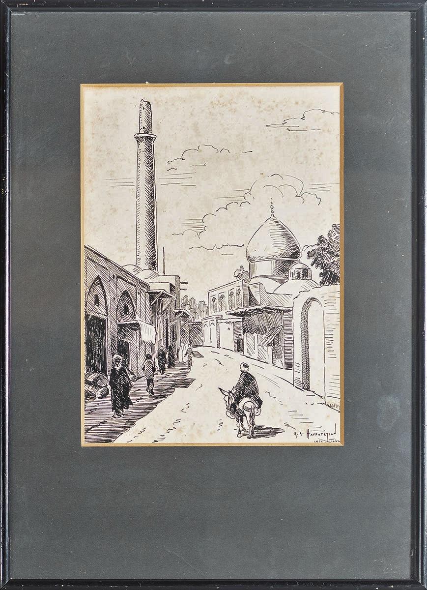 Painted Pair of Middle Eastern 1954 Pen & Ink Drawings by R. A. Hatrapetian Tehran