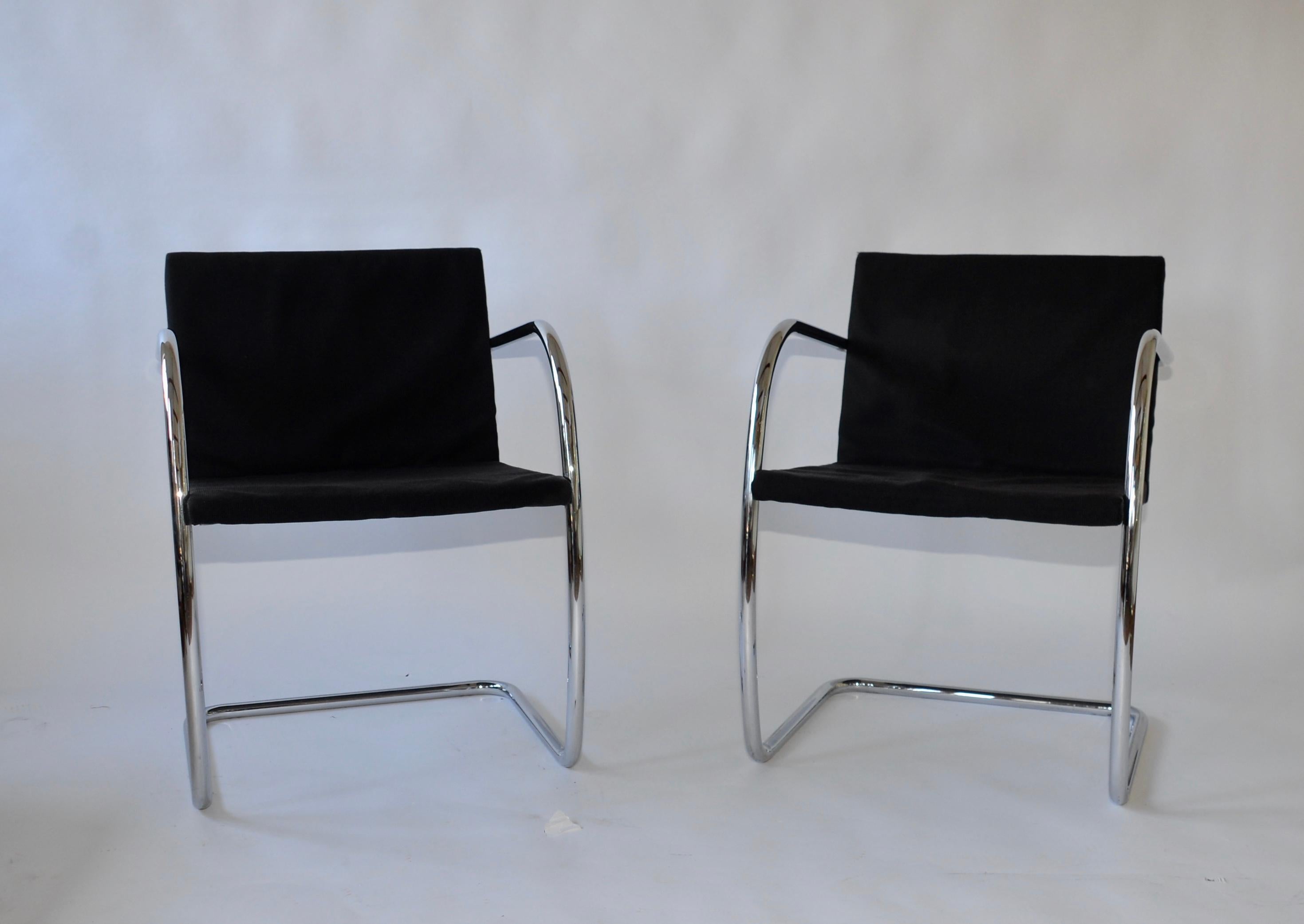 Originally designed by Mies van der Rohe in 1930 for his Tugendhat House in Brno, Czech Republic, these Brno chairs from the 1980s feature a polished tubular chrome frame upholstered with black fabric.
The base of the frame is stamped with the