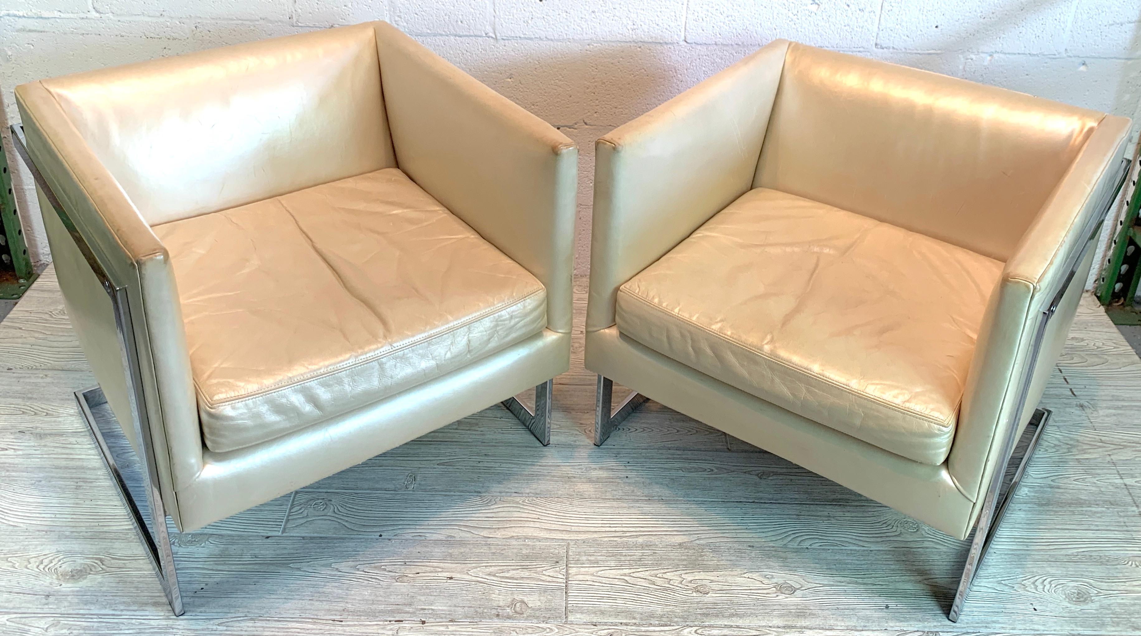 Leather Pair of Milo Baughman Floating Cube Chair Frames, circa 1980