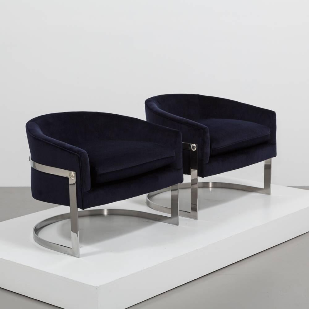 Late 20th Century Pair of Milo Baughman Steel Framed Tub Armchairs 1970s For Sale