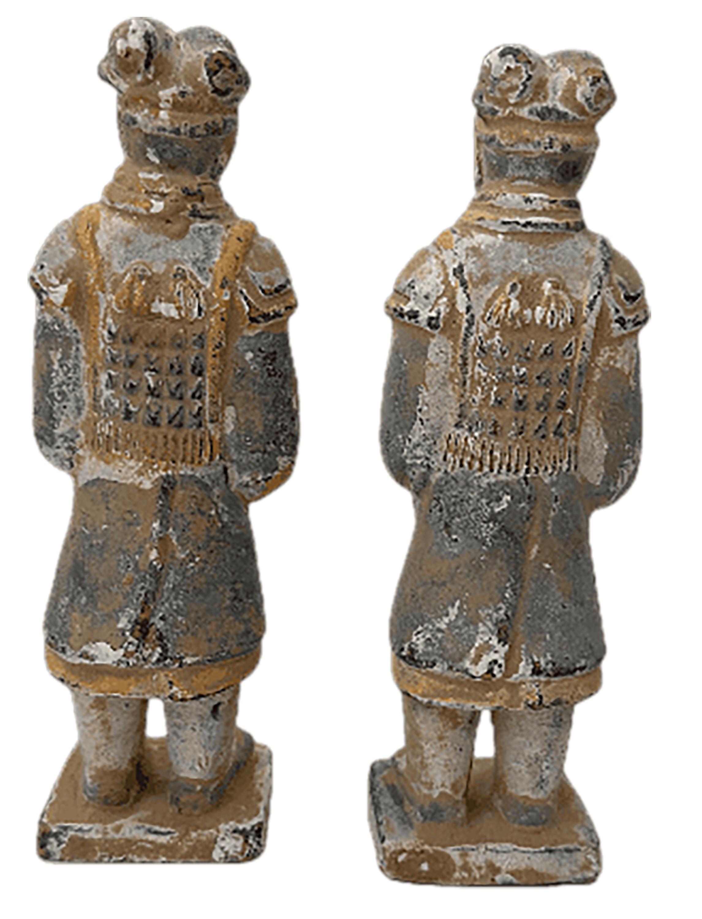 A pair of intriguing vintage reproductions of Chinese terracotta burial soldiers in the style and manner of Quin Shi Huang. 

The figurines that these are replicas of date back to approximately 200 B.C. The army of warrior statues has since guarded