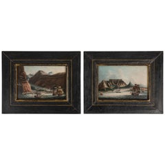 Pair of Miniature Views of Port Towns on the Trade Route, Chinese Artist, Canton