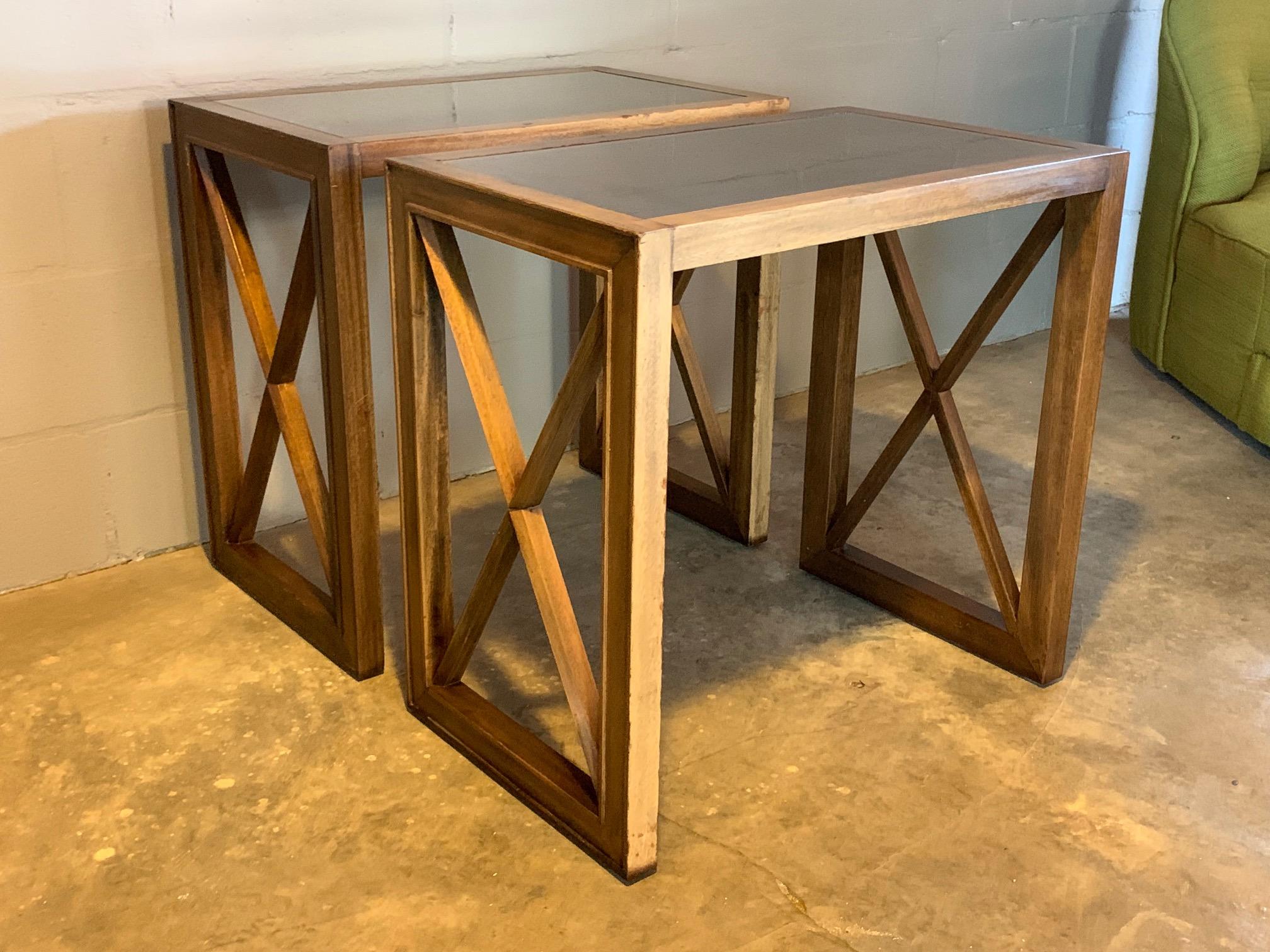 Mahogany Pair of Mirrored Top Side Tables by James Mont