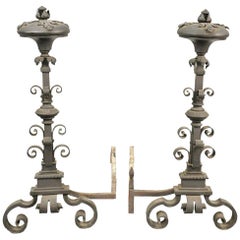 Vintage Pair of Mizner Style Over Sized  Iron Andirons