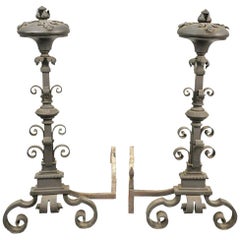 Pair of Mizner Style Over Sized  Iron Andirons