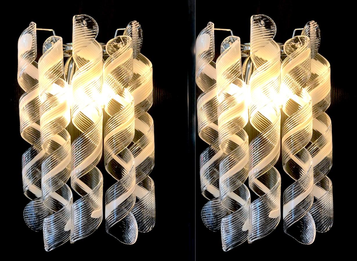 European Pair of  Modern Italian Curly Murano Glass Sconces or Wall Lights For Sale