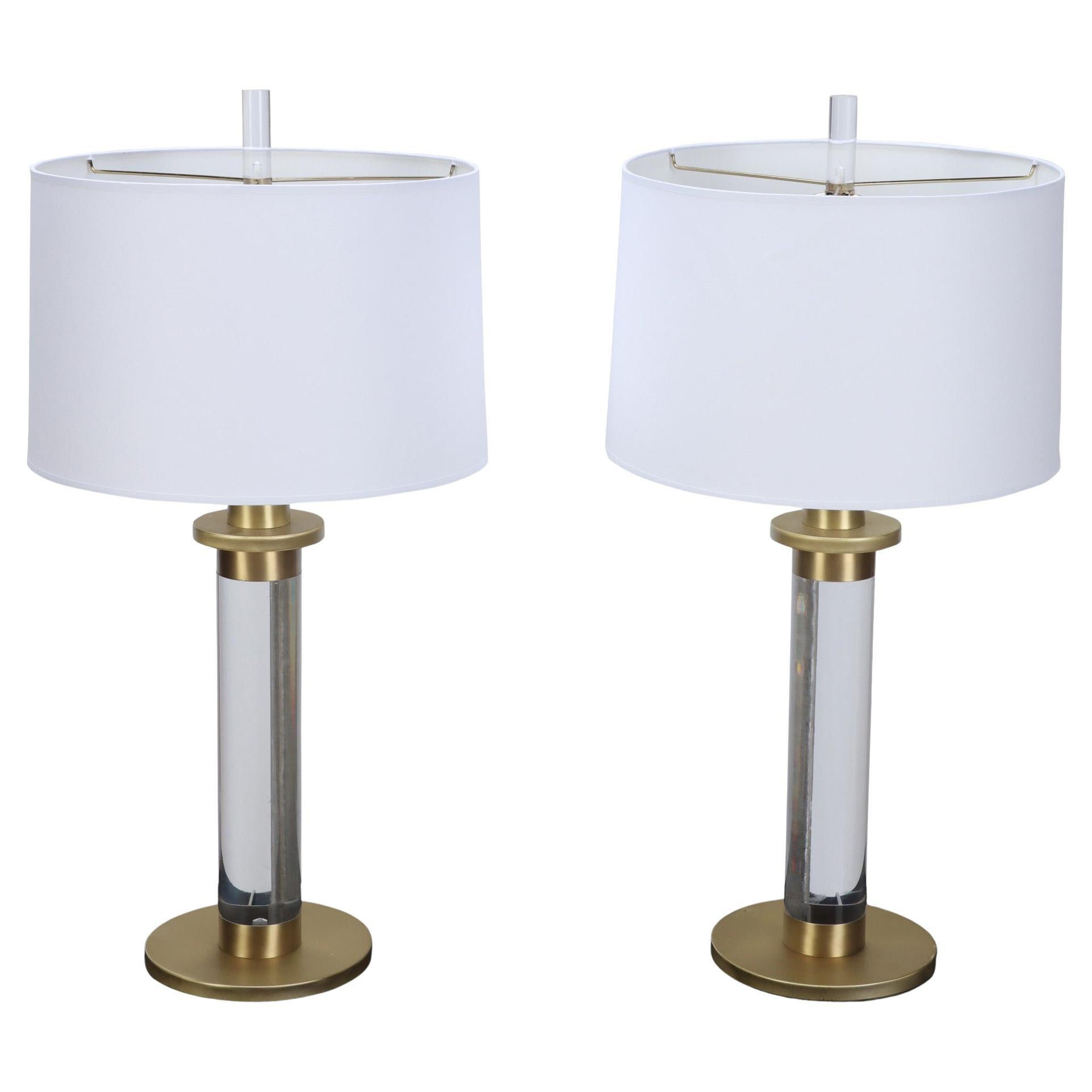 Pair of Modern Lucite Brass Column Table Lamps, circa 1950 For Sale