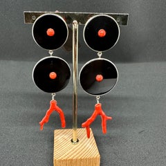 A Pair of Modern Onyx Mediterranean Coral and Silver Long Earrings by Carola