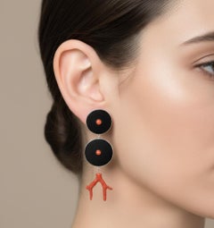 A Pair of Modern Onyx Mediterranean Coral and Silver Long Earrings by Carola